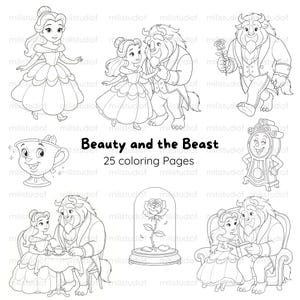 Op de afbeelding: Zwart-wit illustraties van personages en scènes uit Belle en het Beest. De afbeeldingen bevatten Belle, het Beest en andere personages, samen met de tekst "Beauty and the Beast" en "25 coloring Pages".