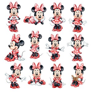 Minnie Maus Aquarell-Cliparts • Niedliches digitales Set • Über 80 Elemente • 300 DPI PNG, Minnie Aquarell-Paket • Zartrosa Pastell • Kinderparty-Thema Bild 3