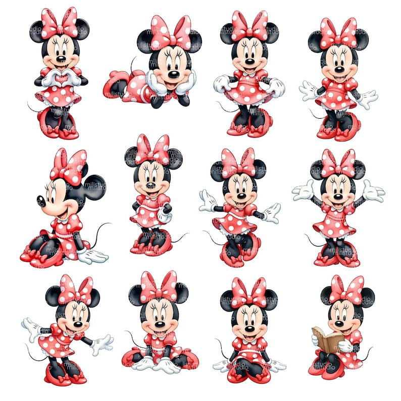 Minnie Maus Aquarell-Cliparts • Niedliches digitales Set • Über 80 Elemente • 300 DPI PNG, Minnie Aquarell-Paket • Zartrosa Pastell • Kinderparty-Thema Bild 3