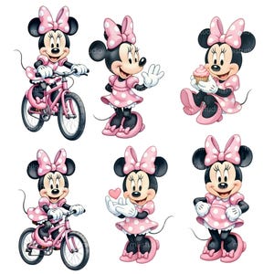 K&ouml;nnte beinhalten: Sechs Illustrationen von Minnie Mouse in verschiedenen Posen. Minnie tr&auml;gt ein rosa Kleid mit wei&szlig;en Punkten, eine passende Schleife und Schuhe. Sie wird gezeigt, wie sie ein rosa Fahrrad f&auml;hrt, einen Cupcake h&auml;lt und mit ihren H&auml;nden gestikuliert.