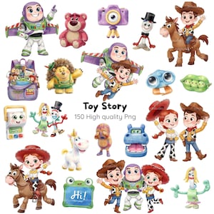 Puede incluir: Una colección de ilustraciones de personajes de Toy Story que incluye a Buzz Lightyear, Woody, Jessie, Bullseye, Forky, Rex y otras figuras. El conjunto presenta varias poses, una mochila, una cámara y el texto Toy Story 150 High quality Png.