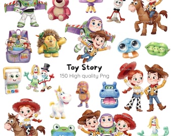 May include: A collection of Toy Story character illustrations including Buzz Lightyear, Woody, Jessie, Bullseye, Forky, Rex, and other figures. The set features various poses, a backpack, a camera, and text reading Toy Story 150 High quality Png.