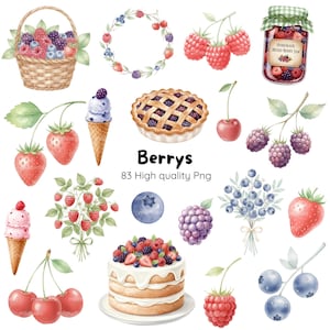 Pode incluir: Ilustração em aquarela de várias frutas silvestres, incluindo morangos, framboesas, mirtilos e amoras. A imagem apresenta uma torta, um bolo, casquinhas de sorvete e uma cesta cheia de frutas silvestres. O texto diz "Berries 83 High quality Png."