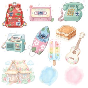 May include: A collection of watercolor illustrations featuring a red backpack, a pink cassette tape, a green telephone, a retro radio, a surfboard, a popsicle, a ukulele, a sandwich, and a tropical hut. The illustrations have a Hawaiian theme.