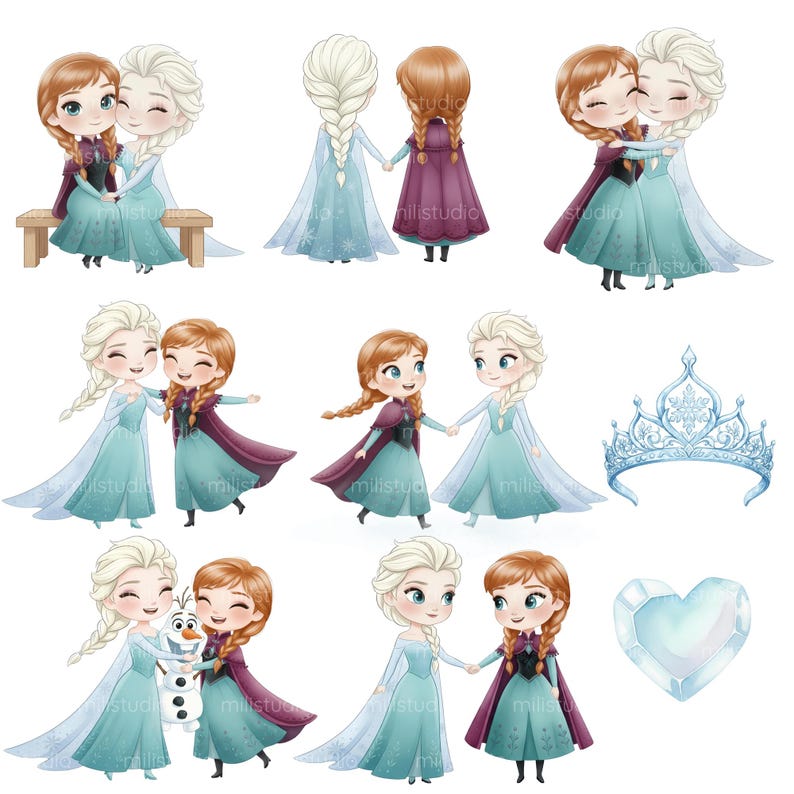 May include: A collection of cartoon illustrations featuring two female characters in various poses. The characters are depicted with blonde and auburn hair, wearing blue and purple dresses. A silver tiara and a heart-shaped gem are also included.