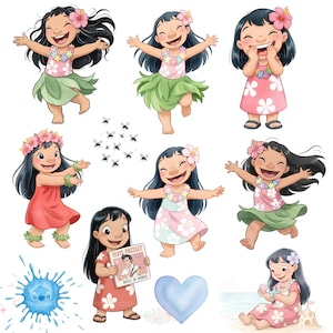 May include: A collection of watercolor illustrations featuring a smiling girl in various poses. She wears floral leis, dresses, and skirts in shades of pink, green, and red. Some images include a blue heart, a blue character, and a record album.