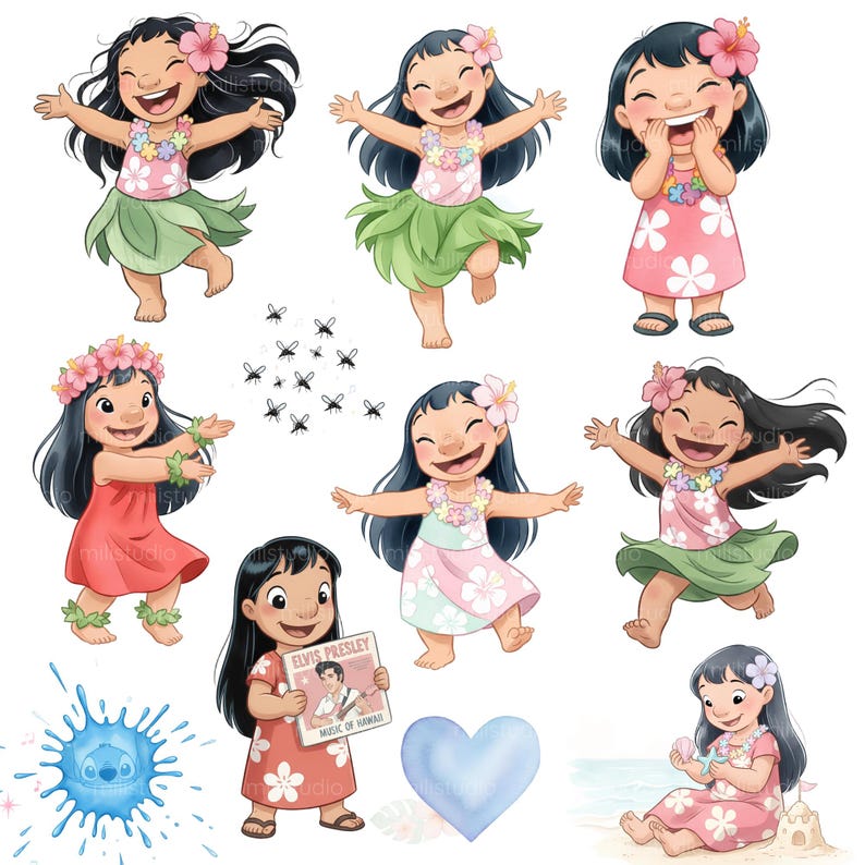 May include: A collection of watercolor illustrations featuring a smiling girl in various poses. She wears floral leis, dresses, and skirts in shades of pink, green, and red. Some images include a blue heart, a blue character, and a record album.