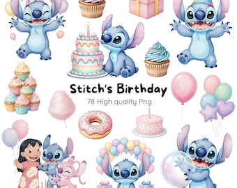Stitch Birthday Watercolor Clipart • Cute Digital Kit • 100+ Elements • 300 DPI PNG, Stitch Birthday Watercolor Collection Cute Digital Art