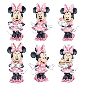 K&ouml;nnte beinhalten: Sechs Illustrationen von Minnie Mouse in verschiedenen Posen. Minnie Mouse wird mit schwarzen Ohren, einer rosa Schleife und einem rosa gepunkteten Kleid dargestellt. Sie tr&auml;gt rosa Schuhe und wei&szlig;e Handschuhe. Einige Illustrationen zeigen sie mit einem Herz oder einem Cupcake.