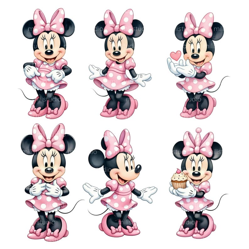 K&ouml;nnte beinhalten: Sechs Illustrationen von Minnie Mouse in verschiedenen Posen. Minnie Mouse wird mit schwarzen Ohren, einer rosa Schleife und einem rosa gepunkteten Kleid dargestellt. Sie tr&auml;gt rosa Schuhe und wei&szlig;e Handschuhe. Einige Illustrationen zeigen sie mit einem Herz oder einem Cupcake.