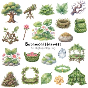 Puede incluir: Una colección de ilustraciones en acuarela titulada Botanical Harvest 50 High quality Png, que incluye un árbol, telescopio, nido de pájaro, bolsa tejida, cesta de flores, rocas con musgo, una gota de agua, corona de hojas y una tienda de campaña.