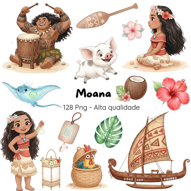 Kit Digital Moana Aquarela Cute, Kit Digital Tema Moana • Ilustrações Cute • Festa Infantil, Moana Aquarela Infantil • Kit Digital • Oceano immagine 1