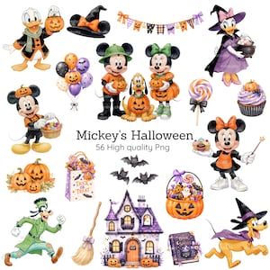 Może przedstawiać: Kolekcja cyfrowych ilustracji przedstawiających Myszkę Miki, Myszkę Minnie, Kaczora Donalda, Daisy, Goofy'ego i Pluto w kostiumach na Halloween. Zawiera dynie, nawiedzony dom, nietoperze, słodycze, balony oraz tekst Mickey's Halloween 56 High quality Png.