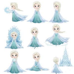 May include: A collection of nine illustrations of a cartoon character with blonde hair in a braid, wearing a teal dress with a long, flowing cape. The character is depicted in various poses, including sitting on an ice throne and creating ice.