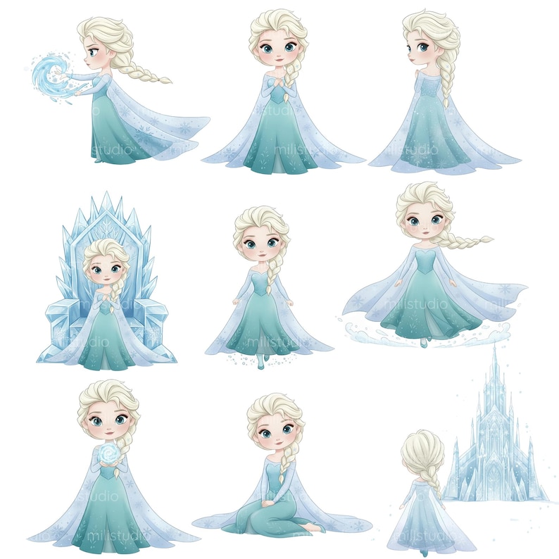 May include: A collection of nine illustrations of a cartoon character with blonde hair in a braid, wearing a teal dress with a long, flowing cape. The character is depicted in various poses, including sitting on an ice throne and creating ice.