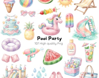 Pool Party Clipart Bundle • Watercolor PNG Files • Summer Birthday Decor • Instant Download, Pool Party Watercolor Clipart