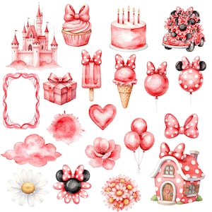 Minnie Maus Aquarell-Cliparts • Niedliches digitales Set • Über 80 Elemente • 300 DPI PNG, Minnie Aquarell-Paket • Zartrosa Pastell • Kinderparty-Thema Bild 7