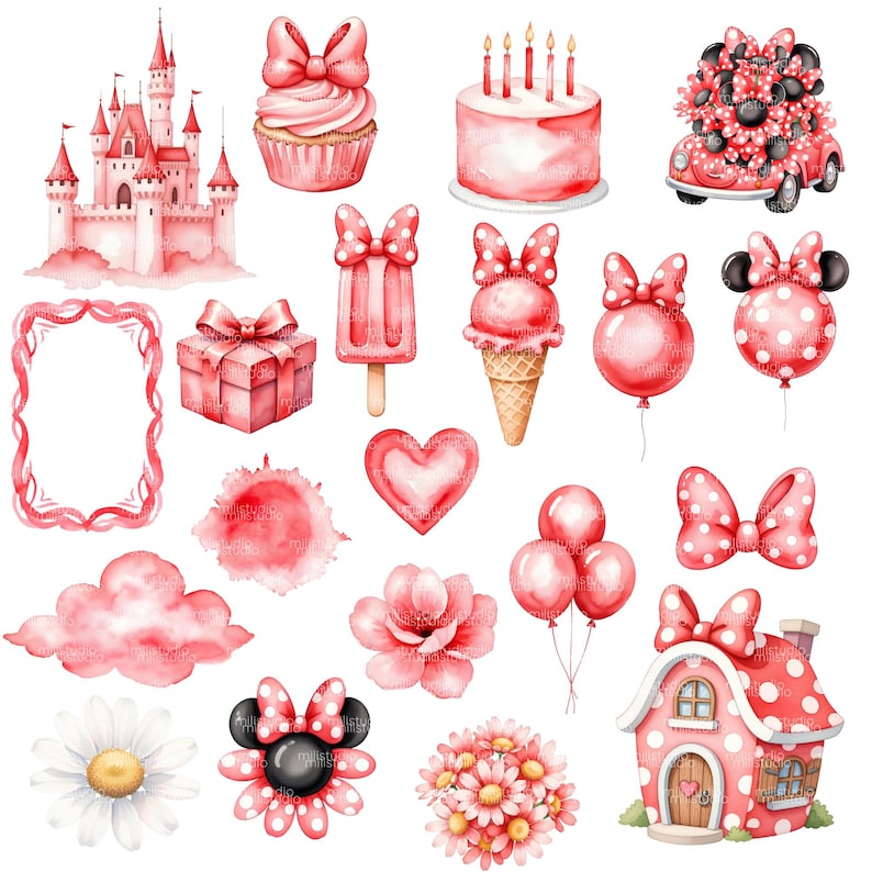 Minnie Maus Aquarell-Cliparts • Niedliches digitales Set • Über 80 Elemente • 300 DPI PNG, Minnie Aquarell-Paket • Zartrosa Pastell • Kinderparty-Thema Bild 7