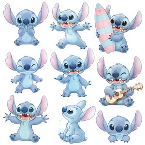 May include: A collection of nine cartoon illustrations of the character Stitch from the Disney movie Lilo & Stitch. The images show Stitch in various poses, including holding a surfboard, playing a ukulele, and with different facial expressions. The character is primarily blue with pink ears.