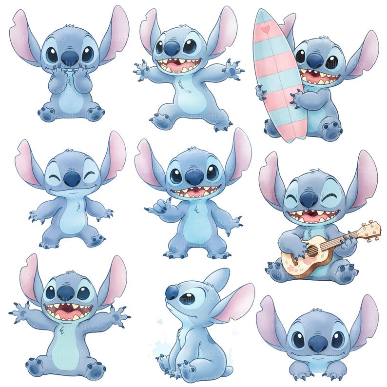 May include: A collection of nine cartoon illustrations of the character Stitch from the Disney movie Lilo & Stitch. The images show Stitch in various poses, including holding a surfboard, playing a ukulele, and with different facial expressions. The character is primarily blue with pink ears.