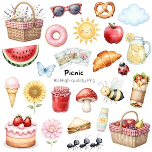 Op de afbeelding: Waterverfillustratie van picknick-thema-items. Inclusief een picknickmand, zonnebril, donut, zon, appel, watermeloen, vlinder, ijsje, zonnebloem, jampot, paddenstoel, bij, sandwich, cake en mieren. Tekst luidt "Picnic 88 High quality Png."