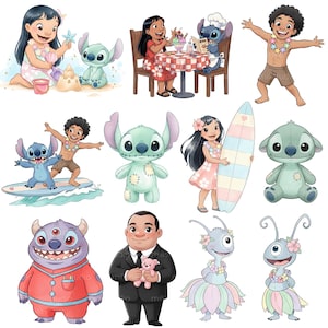 May include: A collection of colorful cartoon illustrations featuring characters from the animated movie Lilo & Stitch. The images include Stitch, Lilo, and other characters in various scenes, such as at the beach and in a restaurant.