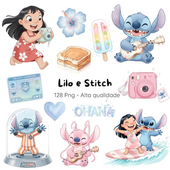 Kit Lilo e Stitch Aquarela • Personagens, Flores e Praia, Lilo e Stitch Cute, Kit Digital Lilo & Stitch Aquarela Cute