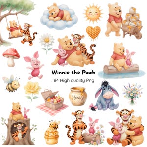 May include: A set of watercolour illustrations featuring Winnie the Pooh and friends. The image includes characters like Pooh, Piglet, Tigger, and Eeyore in various poses, along with honey pots, flowers, and picnic baskets. The text "Winnie the Pooh" is also present.