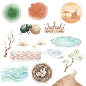 May include: Watercolor illustrations of nature elements, including a beetle with a ball, a crown, a nest with eggs, a pond, and a desert scene. The color palette includes greens, browns, and blues, creating a whimsical and artistic feel.