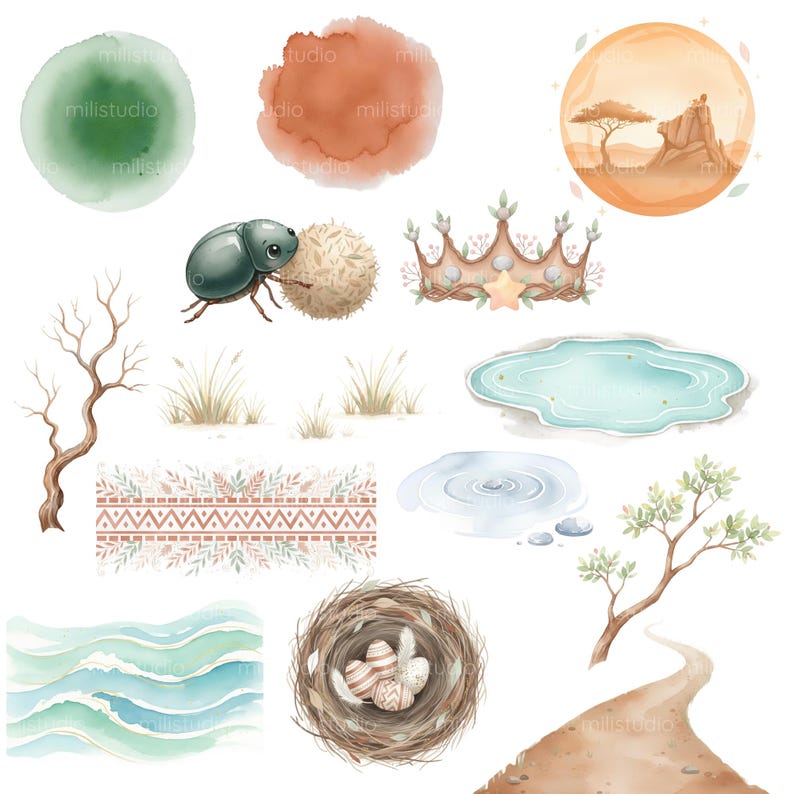 May include: Watercolor illustrations of nature elements, including a beetle with a ball, a crown, a nest with eggs, a pond, and a desert scene. The color palette includes greens, browns, and blues, creating a whimsical and artistic feel.