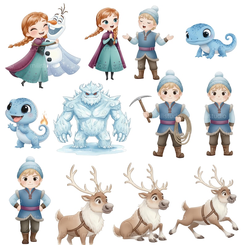 Frozen Watercolor Children's Kit, Digital Kit, Elsa, Anna and Olaf, Children's Party, Cute Frozen Kit, Delicate Watercolor, Characters and Scenery image 6
