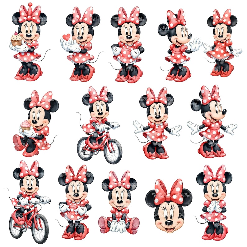 Minnie Maus Aquarell-Cliparts • Niedliches digitales Set • Über 80 Elemente • 300 DPI PNG, Minnie Aquarell-Paket • Zartrosa Pastell • Kinderparty-Thema Bild 6
