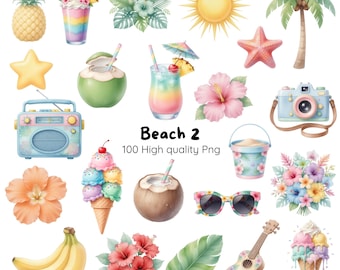 May include: A collection of digital illustrations featuring a pineapple, tropical drinks, palm tree, sun, starfish, radio, camera, ice cream cones, hibiscus flowers, sunglasses, ukulele, bananas, and a bucket with the text Beach 2 100 High quality Png.