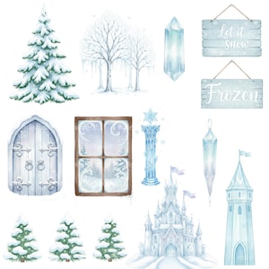 Frozen Watercolor Children's Kit, Digital Kit, Elsa, Anna and Olaf, Children's Party, Cute Frozen Kit, Delicate Watercolor, Characters and Scenery image 8