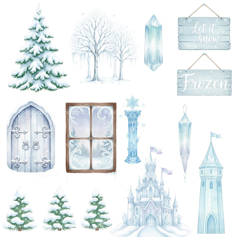 Frozen Watercolor Children's Kit, Digital Kit, Elsa, Anna and Olaf, Children's Party, Cute Frozen Kit, Delicate Watercolor, Characters and Scenery image 8