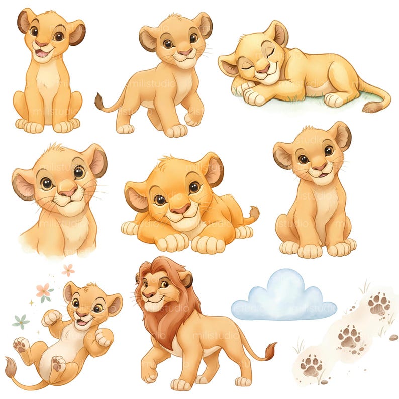 May include: A collection of watercolor illustrations featuring adorable lion cubs in various poses. The cubs are depicted in shades of tan and brown, with playful expressions. One illustration shows a lion with a full mane. A blue cloud and paw prints are also included.