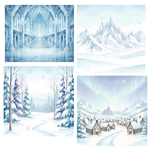 May include: Four watercolor illustrations of winter scenes. One depicts a grand ice castle interior with a staircase. Another shows a snow-covered mountain range with crystal formations. The third features a snowy forest. The last shows a village under the aurora borealis.
