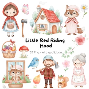 Imágenes prediseñadas de Caperucita Roja en formato PNG • Decoración de cuento de hadas • Imágenes prediseñadas de una linda niña del bosque • Fiesta de cumpleaños con temática de bosque