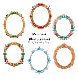 Pode incluir: Seis molduras ovais com detalhes dourados e prateados. Cada moldura é decorada com laços, flores e conchas. O texto "Princess Photo Frame" é exibido no centro, com "21 High quality Png" abaixo.