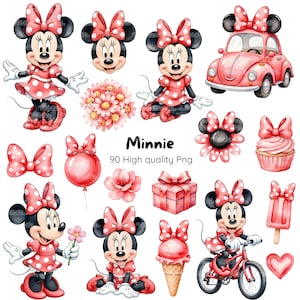 Pode incluir: Uma coleção de gráficos digitais com o tema Minnie Mouse. As imagens incluem Minnie Mouse em várias poses, um carro, uma bicicleta, laços, flores, um cupcake e um sorvete, todos em tons de vermelho, rosa e preto.