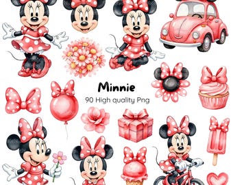 Minnie Maus Aquarell-Cliparts • Niedliches digitales Set • Über 80 Elemente • 300 DPI PNG, Minnie Aquarell-Paket • Zartrosa Pastell • Kinderparty-Thema