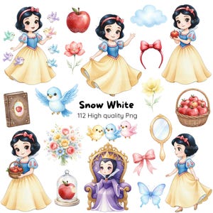 May include: Watercolor illustrations of Snow White and related elements. Includes Snow White in a blue and yellow dress, birds, apples, flowers, a mirror, a basket of apples, and the Evil Queen. Text reads "Snow White 112 High quality Png."