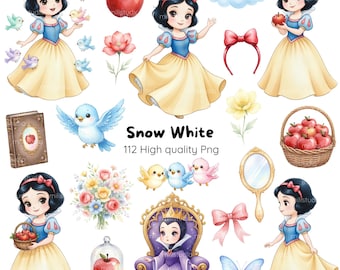 Snow White Baby Watercolor • Fairytale Princess Clipart Set, Snow White Watercolor Collection • Instant Download