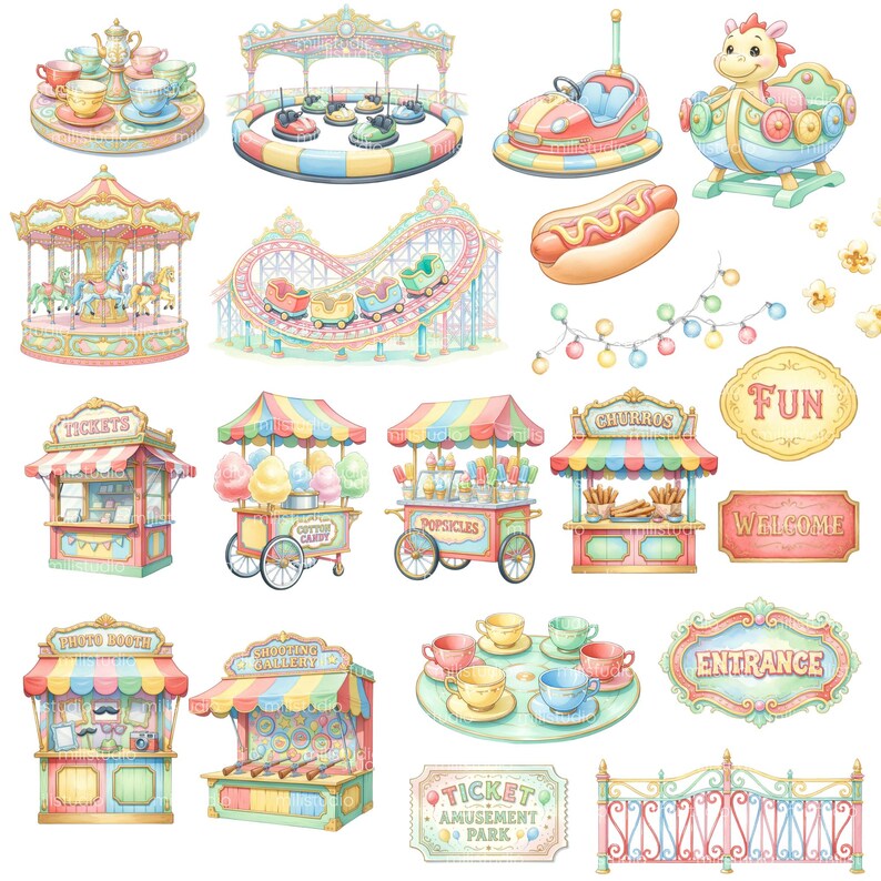 Puede incluir: Ilustraci&oacute;n en acuarela de una escena de parque de atracciones caprichosa. Incluye un carrusel, una monta&ntilde;a rusa, coches de choque, puestos de comida y letreros. Los colores pastel rosa, azul, amarillo y verde crean un ambiente alegre. Otros elementos incluyen una taza de t&eacute;, un perrito caliente y palomitas de ma&iacute;z.