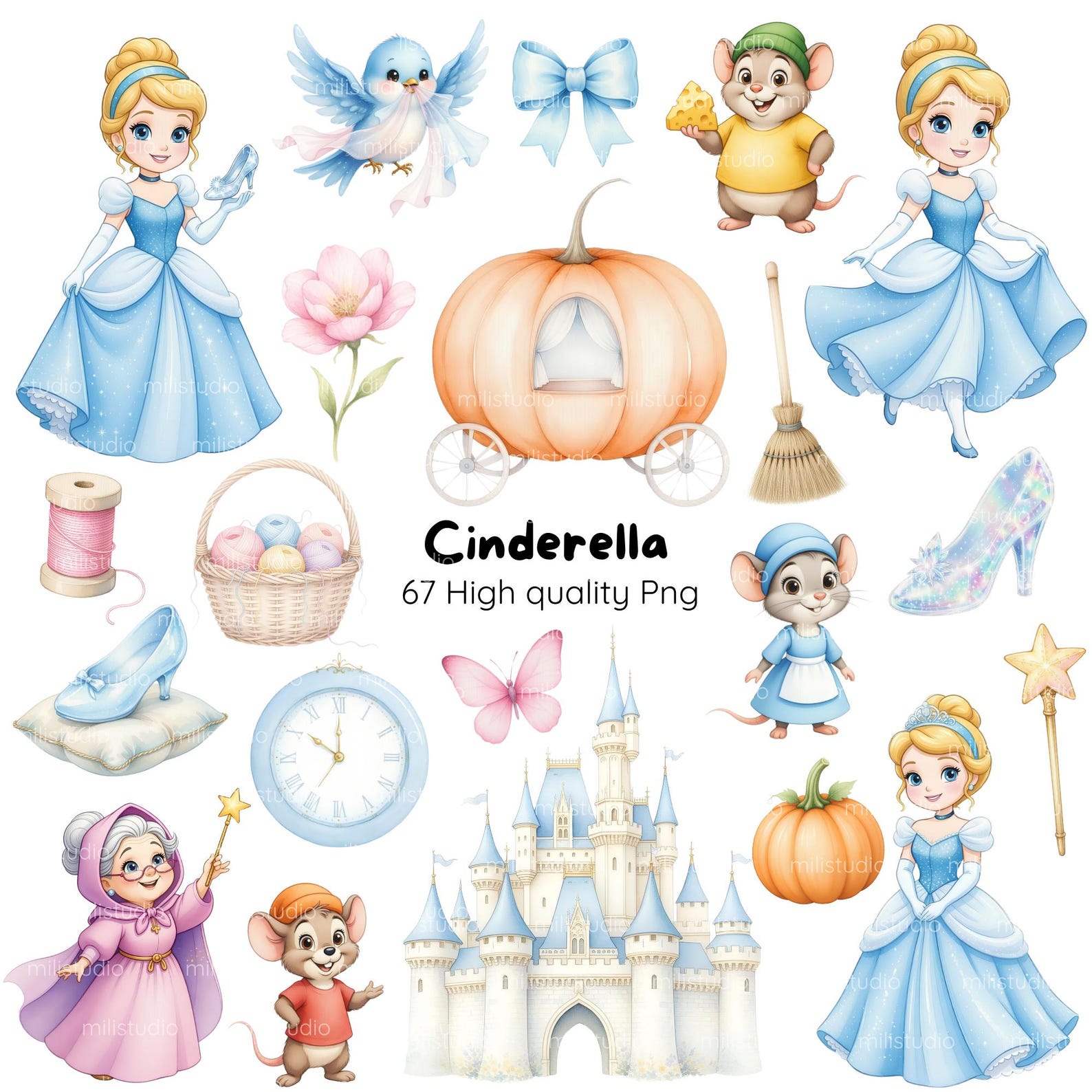 Cinderella Princess Clipart • Blue & Silver Watercolor Collection, Cute ...