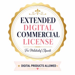 May include: A circular badge with a gold scalloped border featuring the text EXTENDED DIGITAL COMMERCIAL LICENSE For Milistudiof Cliparts in black and pink. Below the badge is a pink banner with the text DIGITAL PRODUCTS ALLOWED.