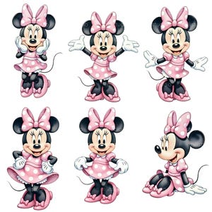 K&ouml;nnte beinhalten: Sechs Illustrationen von Minnie Mouse in verschiedenen Posen. Minnie Mouse wird mit schwarzen Ohren, einer rosa Schleife und einem rosa Kleid mit wei&szlig;en Punkten dargestellt. Ihre Schuhe und Handschuhe sind ebenfalls rosa. Die Illustrationen sind vor wei&szlig;em Hintergrund.