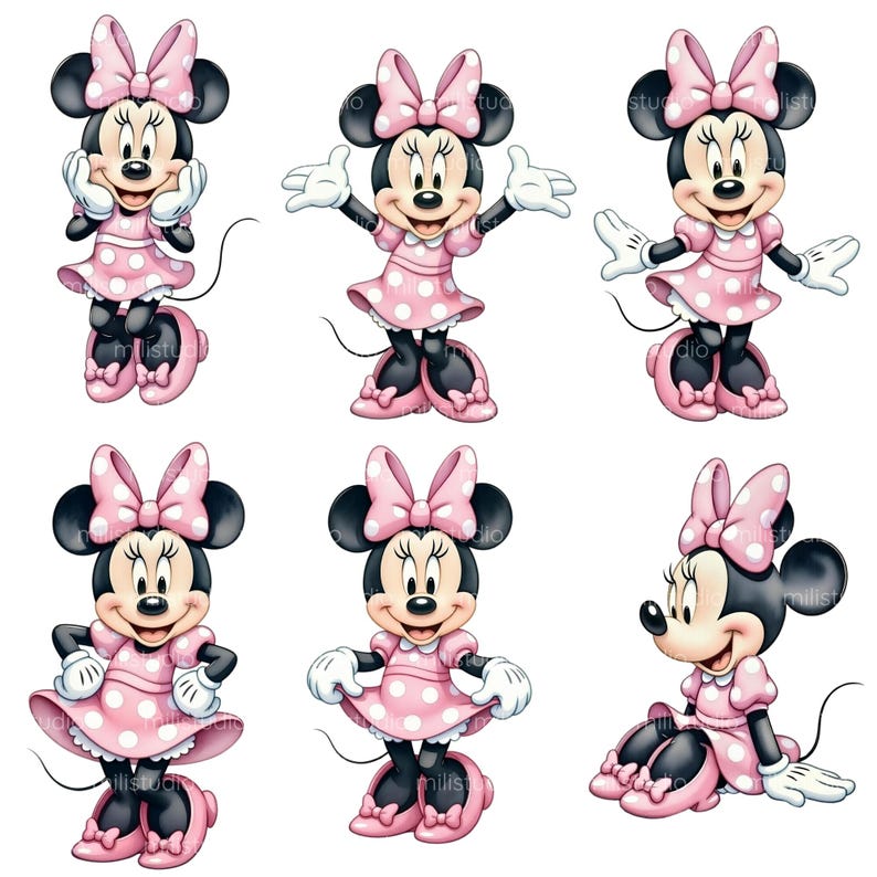 K&ouml;nnte beinhalten: Sechs Illustrationen von Minnie Mouse in verschiedenen Posen. Minnie Mouse wird mit schwarzen Ohren, einer rosa Schleife und einem rosa Kleid mit wei&szlig;en Punkten dargestellt. Ihre Schuhe und Handschuhe sind ebenfalls rosa. Die Illustrationen sind vor wei&szlig;em Hintergrund.
