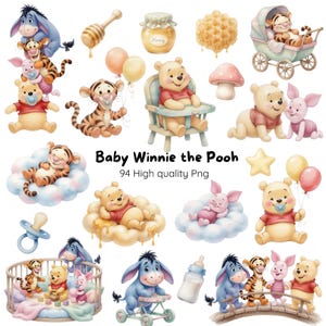 Può includere: Una collezione di illustrazioni ad acquerello con i personaggi di Winnie the Pooh. Le immagini includono Pooh, Pimpi, Tigro ed Eeyore in varie pose, insieme a vasetti di miele, palloncini e nuvole. Il testo recita "Baby Winnie the Pooh" e "94 High quality Png".