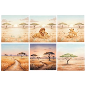 May include: A set of six watercolor prints depicting scenes from the African savanna. The prints feature lions, lion cubs, trees, and pathways in a warm color palette of yellows, oranges, and browns, with a soft blue sky.